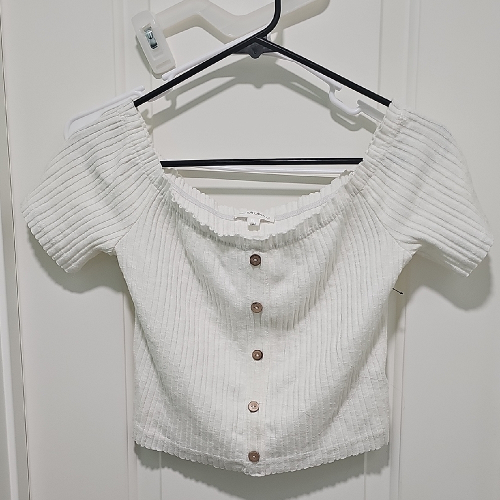 Cotton Candy LA White Puff Sleeve Ribbed Crop Blouse